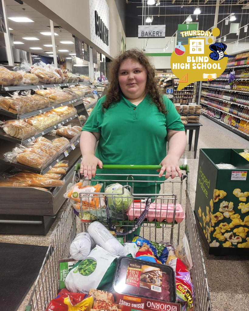 Gia is wearing green shirt smiles for her photo pushing the cart filled with food inside Publix