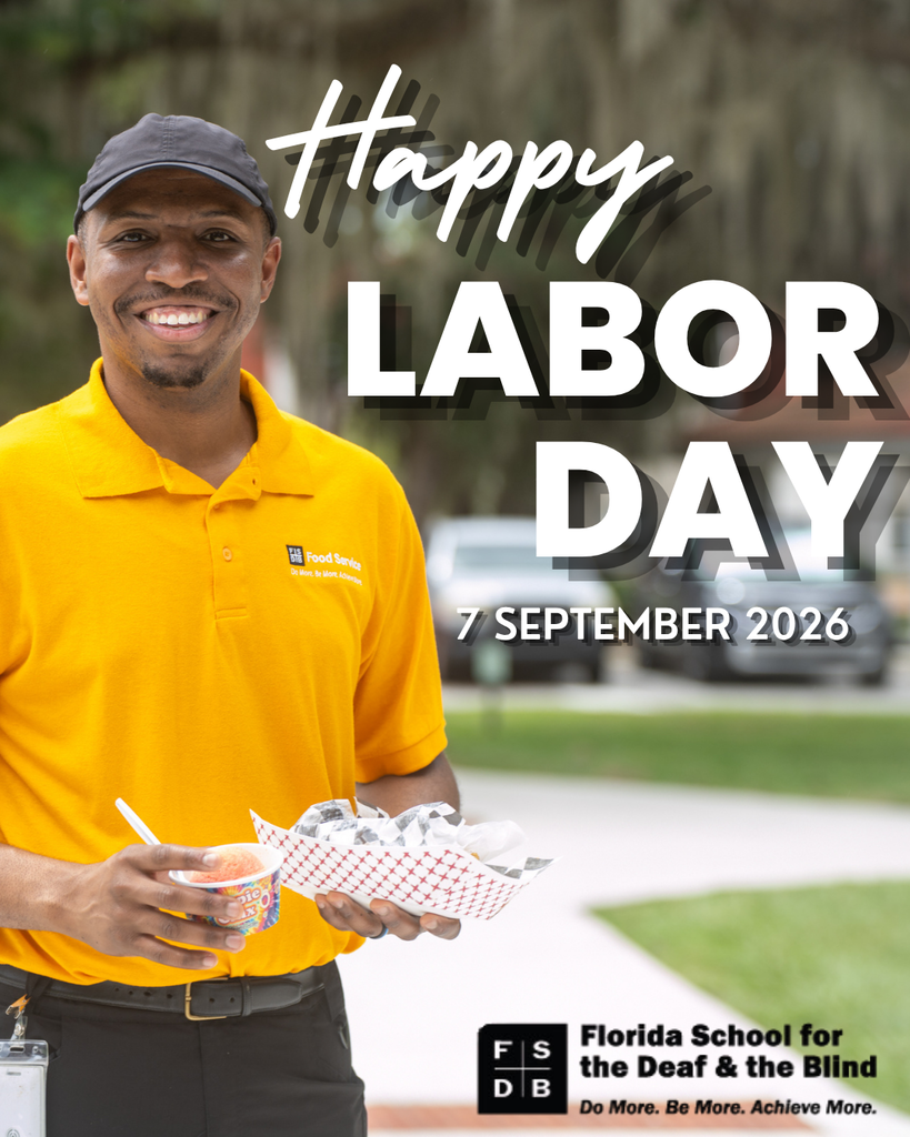 A photo of staff member wearing a yellow work shirt holding his lunch smiles for a photo on the left and white text that says "Happy Labor Day, 7 September 2026" on the right.