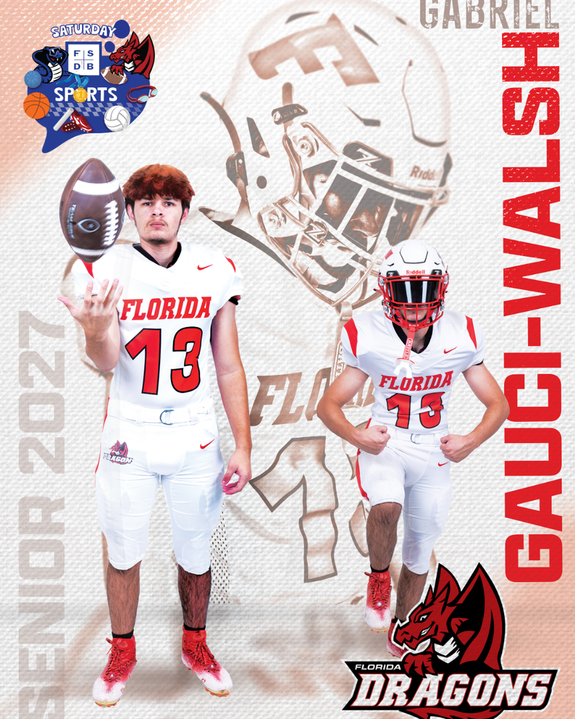 Senior Football player graphic with his name Gabriel Gauci-Walsh on the right side, three photos of him in the middle and Senior 2027 on the left side. 