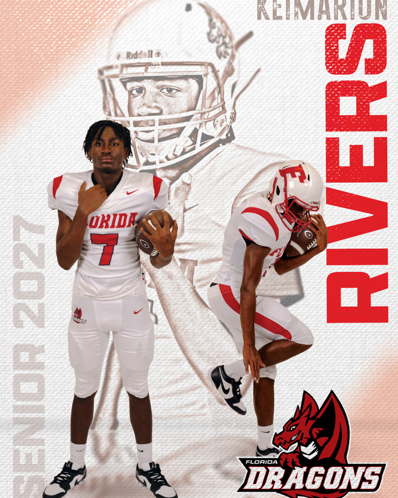 Senior Football player graphic with his name Keimarion Rivers on the right side, three photos of him in the middle and Senior 2027 on the left side. 
