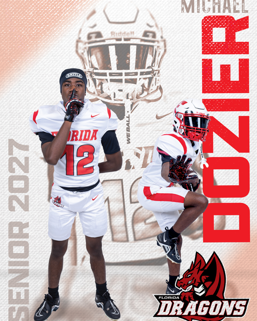 Senior Football player graphic with his name Michael Dozier  on the right side, three photos of him in the middle and Senior 2027 on the left side. 