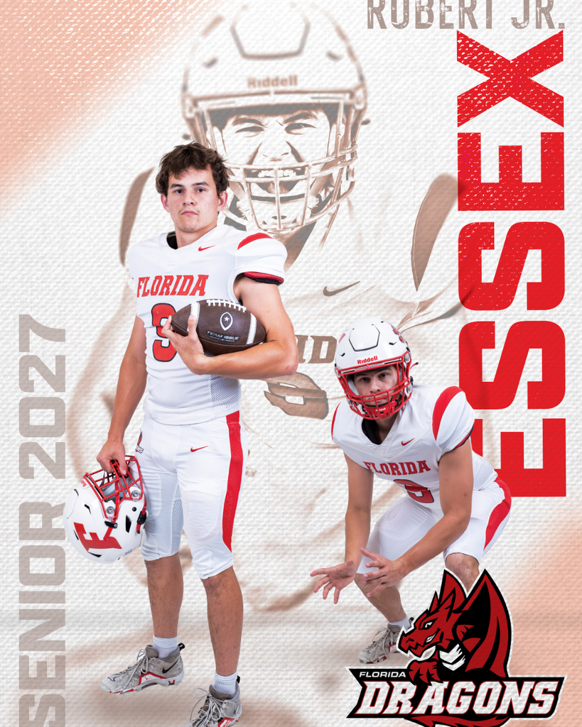 Senior Football player graphic with his name Robert Essex on the right side, three photos of him in the middle and Senior 2027 on the left side. 