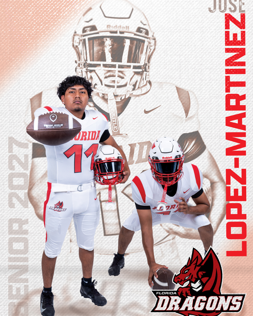 Senior Football player graphic with his name Jose Lopez-Martinez on the right side, three photos of him in the middle and Senior 2027 on the left side. 