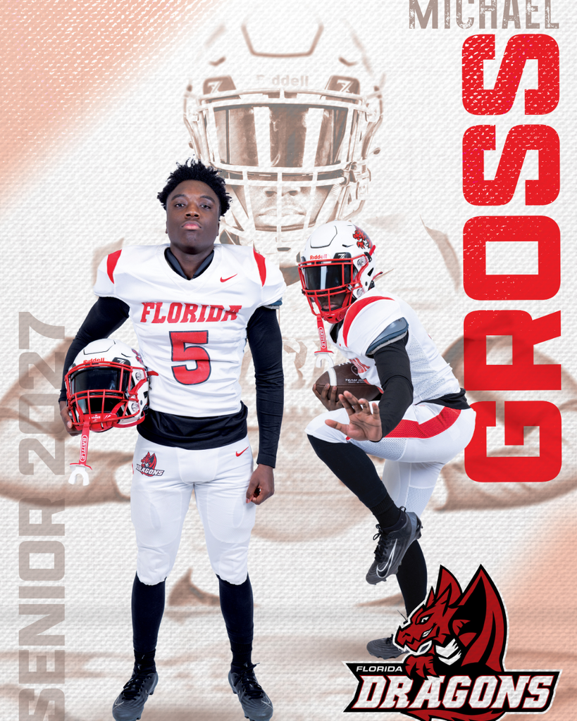 Senior Football player graphic with his name Michael Gross on the right side, three photos of him in the middle and Senior 2027 on the left side. 