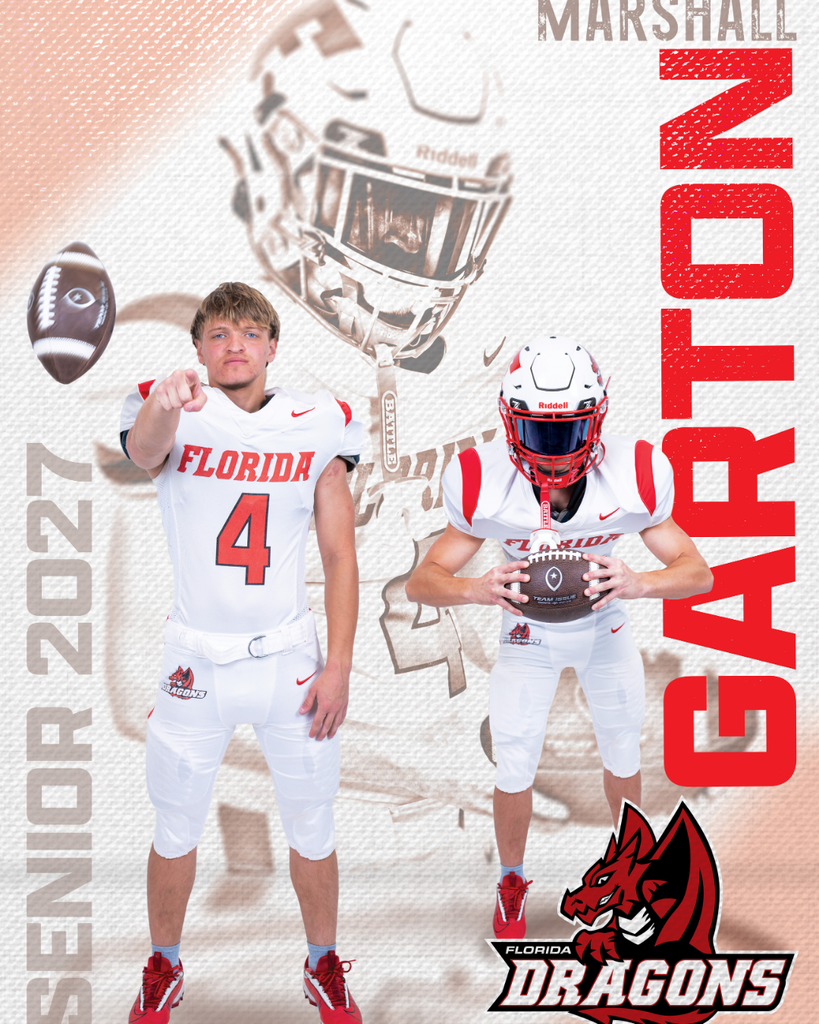 Senior Football player graphic with his name Marshall Garton on the right side, three photos of him in the middle and Senior 2027 on the left side. 