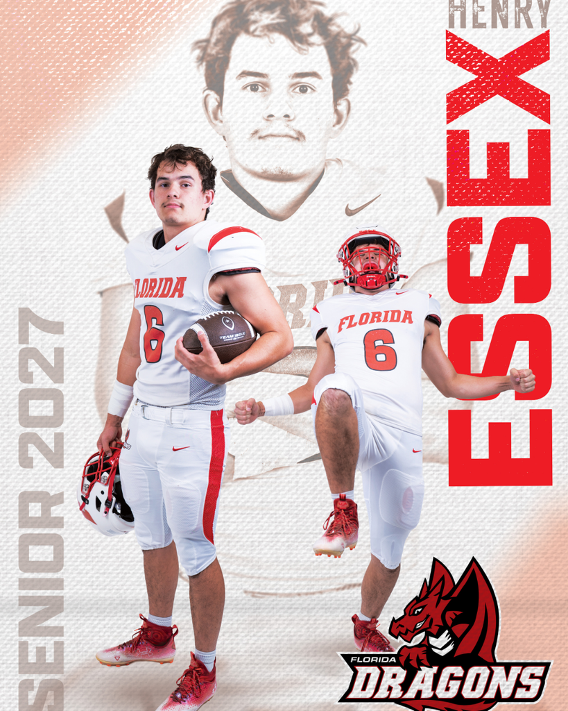 Senior Football player graphic with his name Henry Essex on the right side, three photos of him in the middle and Senior 2027 on the left side. 