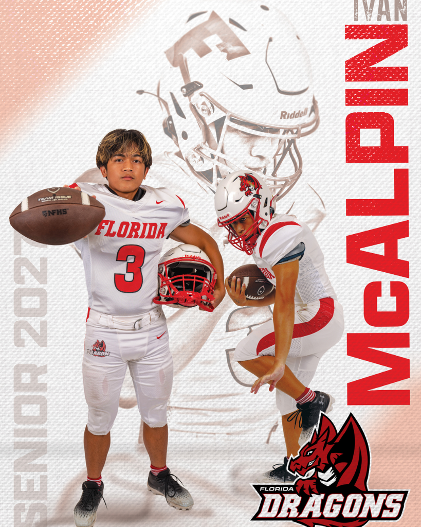 Senior Football player graphic with his name Ivan Mcalpin  on the right side, three photos of him in the middle and Senior 2027 on the left side. 