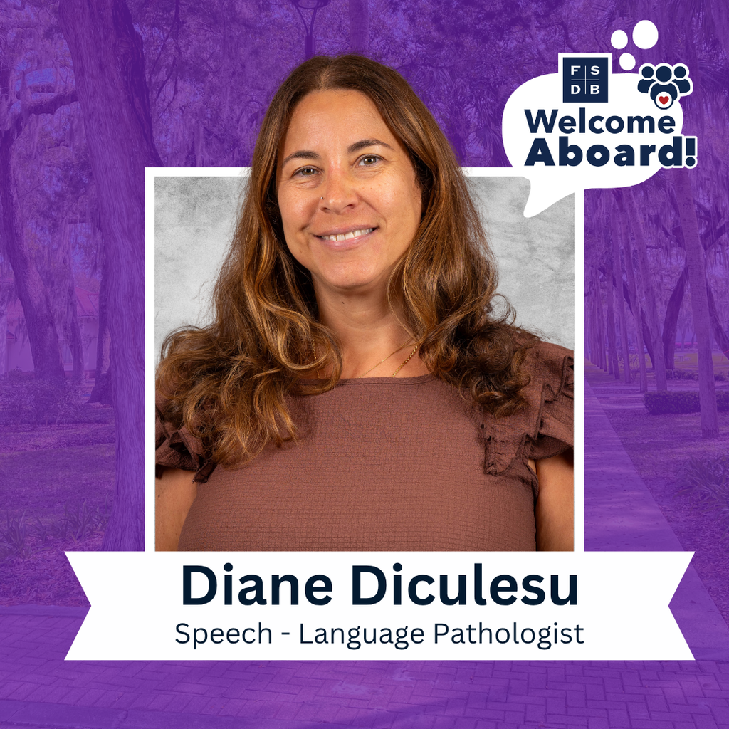 Diane is wearing a brown blouse shirt smiles for her photo with a silver backdrop and purple background. Below her photo is a white graphic with text that says "Diane Diculesu, Speech-Launguage Pathologist"