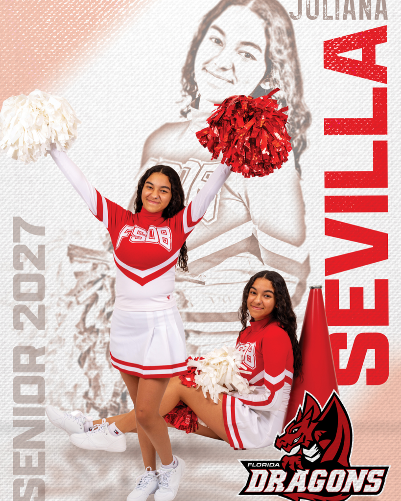 A cheerleading senior has three photos of her posing with her name "Juliana Sevilla" on the right side and "Senior 2027" on the left side.