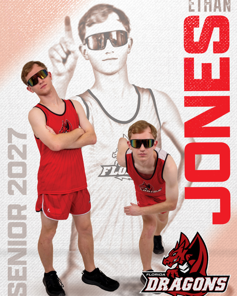 A cross country senior has three photos of him posing with his name "Ethan Jones" on the right side and "Senior 2027" on the left side.