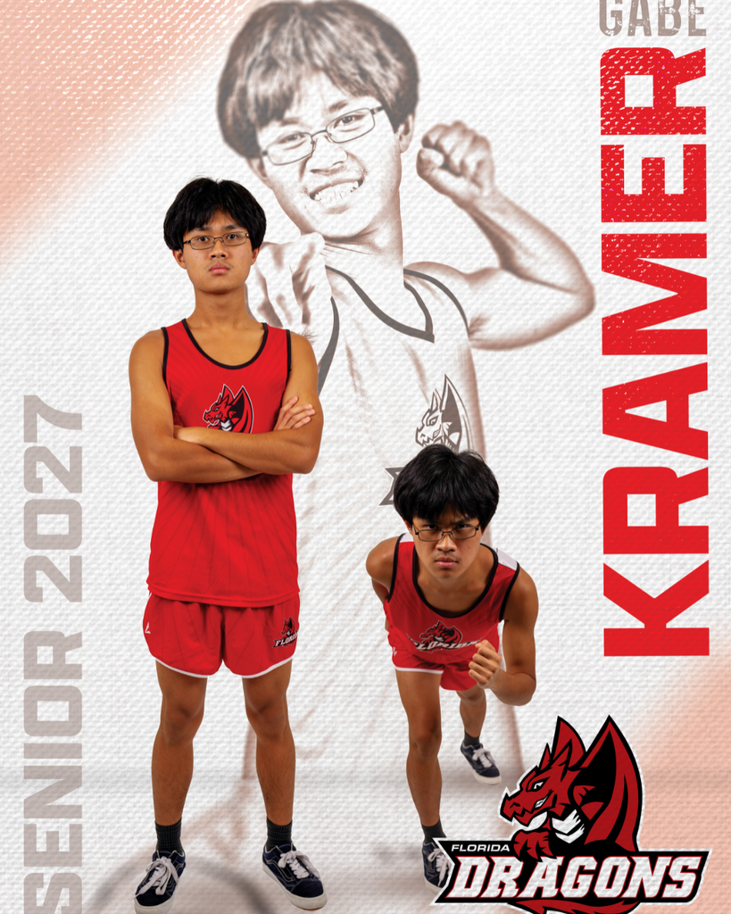 A cross country senior has three photos of him posing with his name "Gabe Kramer" on the right side and "Senior 2027" on the left side.