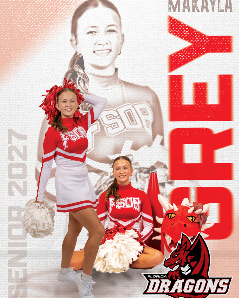 A cheerleading senior has three photos of her posing with her name "Makayla Grey" on the right side and "Senior 2027" on the left side.