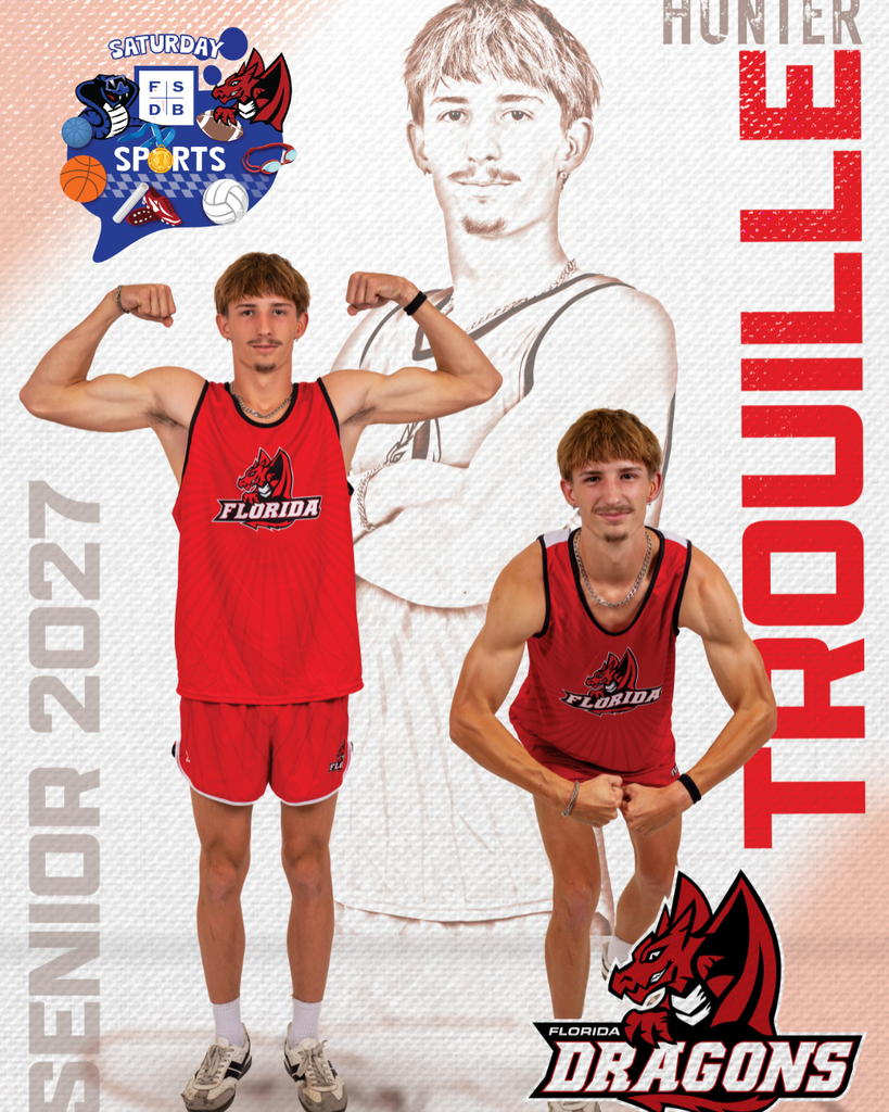 A cross country senior has three photos of him posing with his name "Hunter Trouille" on the right side and "Senior 2027" on the left side.