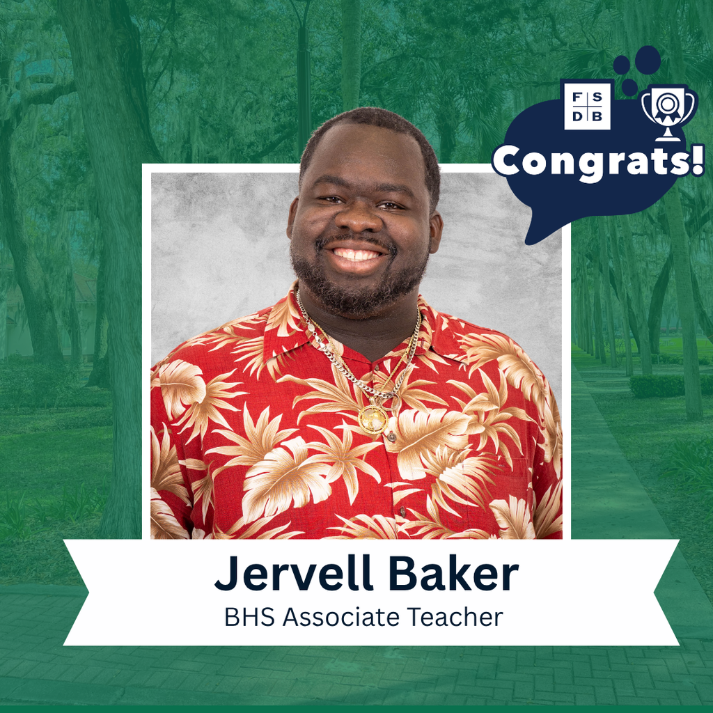 Jervell wears a red and gold Hawaiian shirt smiles for his photo with a silver backdrop and green background. Below his photo is a white graphic with black text that says "Jervell Baker, BHS Associate Teacher"