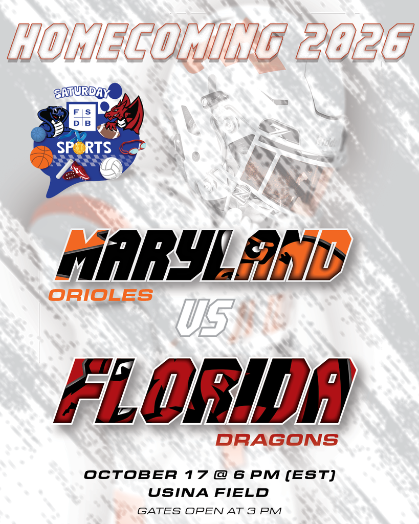 Gray graphic with a faded football photo and text on graphic from top to bottom says "Homecoming 2026, Maryland Orioles vs Florida Dragons, October 17 @ 6 PM (EST), Usina Field, Gates opens at 3pm."