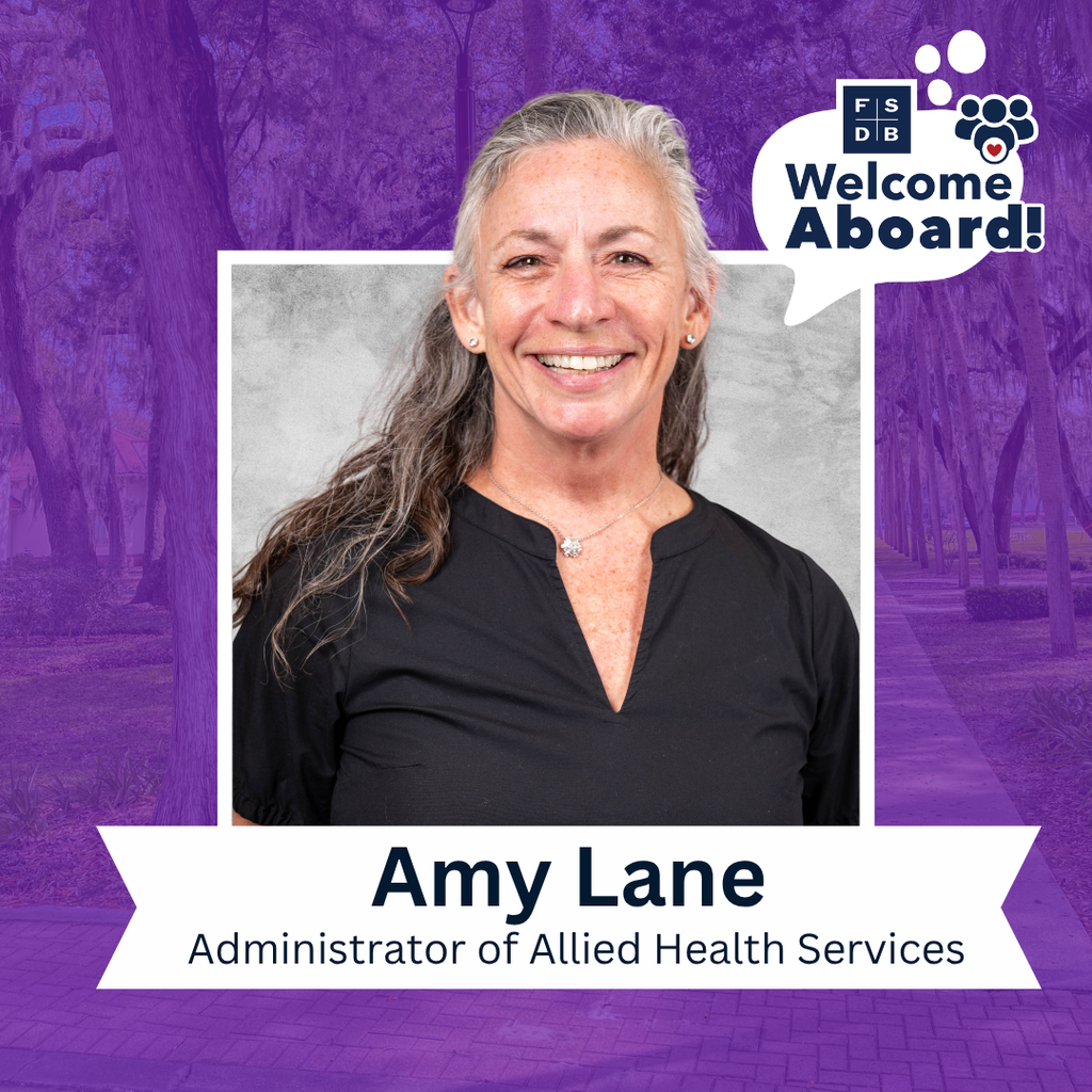 Amy is wearing a black dress smiles for her photo with a silver backdrop and purple background. Below her photo is a white graphic with text that says "Amy Lane, Administrator of Allied Health Services" 