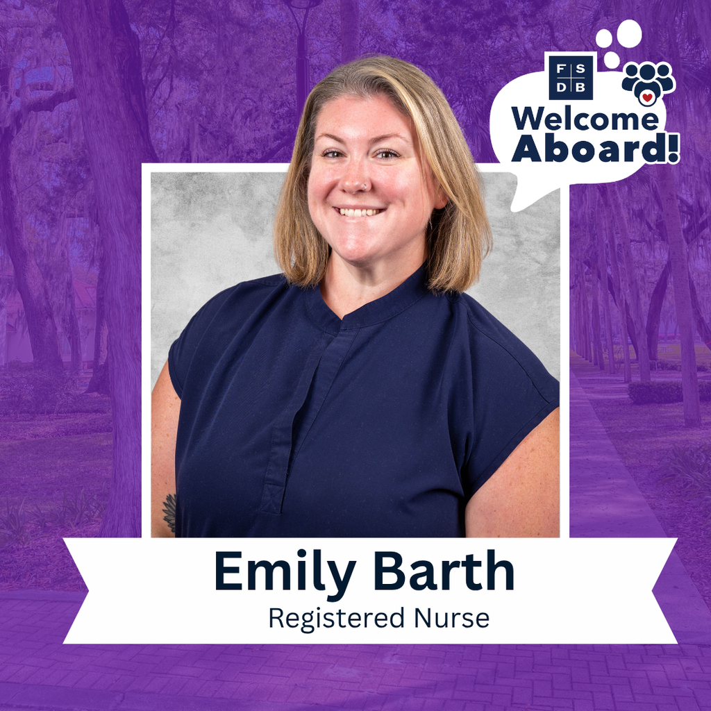 Emily is wearing a navy blue shirt smiles for her photo with a silver backdrop and purple background. Below her photo is a white graphic with text that says "Emily Barth, Registered Nurse"