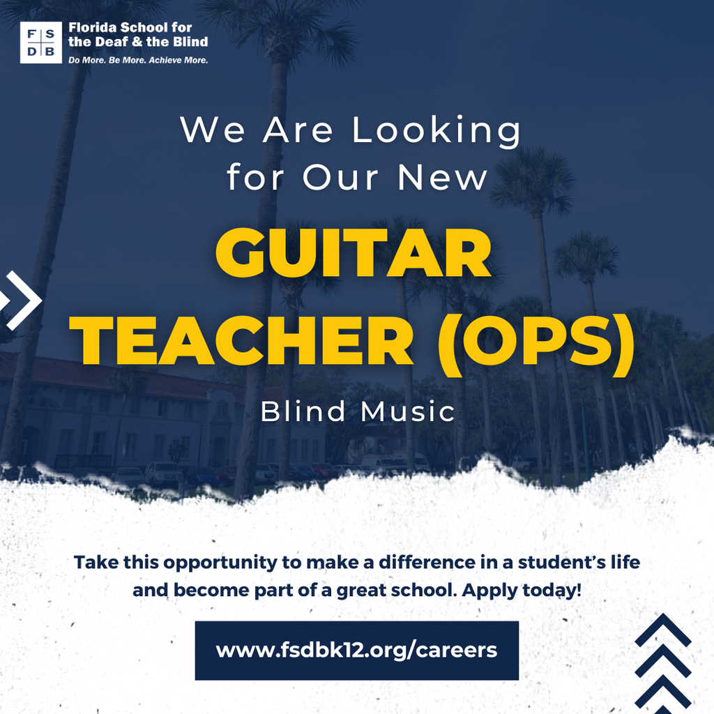 Blue and white graphic that says "We are looking for our new guitar teacher (OPS), Blind Music. Take this opportunity to make a difference in a student's life and become part of a great school. Apply today!"
