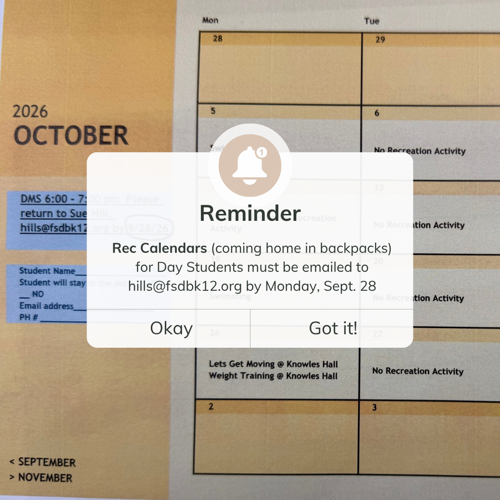 Rec calendars are due Monday Sept. 28th to hills@fsdbk12.org