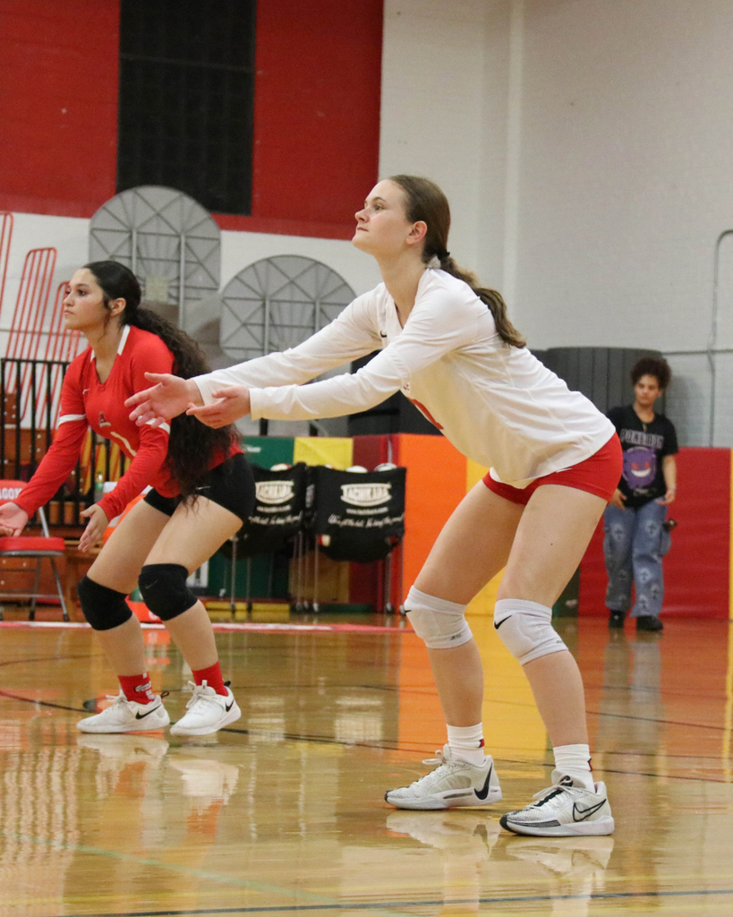 Varsity Volleyball player on the court of Settles Gym.