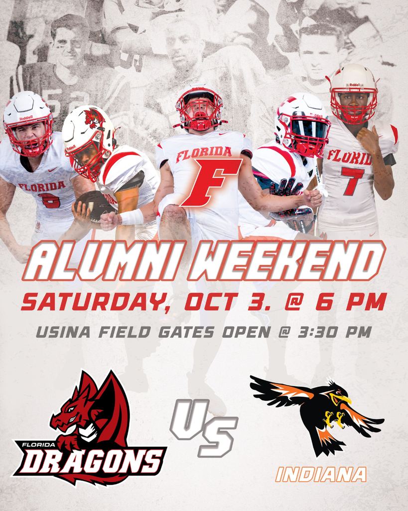 Alumni weekend graphic of former and current football player photos with text under that says "Alumni Weekend, Saturday, October 3 at 6 pm, Usina Field Gates Open at 3:30 pm" and the FSDB and ISD mascot logos.
