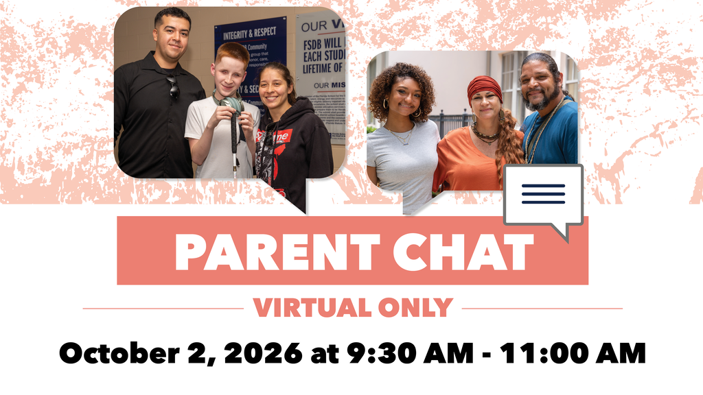 Coral and white graphic with two photos on the top of students with their parents. Below the photos is text that says "Parent Chat, Virtual Only on October 2, 2026 from 9:30 - 11:30 am"