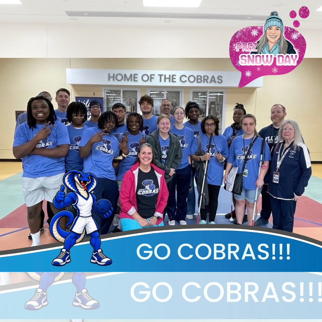 A group photo of FSDB Boys and Girls Goalball team members and coaches standing together in front of a display labeled "HOME OF THE COBRAS" with President Snow kneeling in the center wearing a pink windbreaker. Team members are wearing blue Cobra shirts, and several students are holding long canes. A Cobra mascot graphic giving a thumbs-up and holding a goalball is displayed in the lower left corner of the image, with a blue banner across the bottom that reads "GO COBRAS!!!" in large white letters.