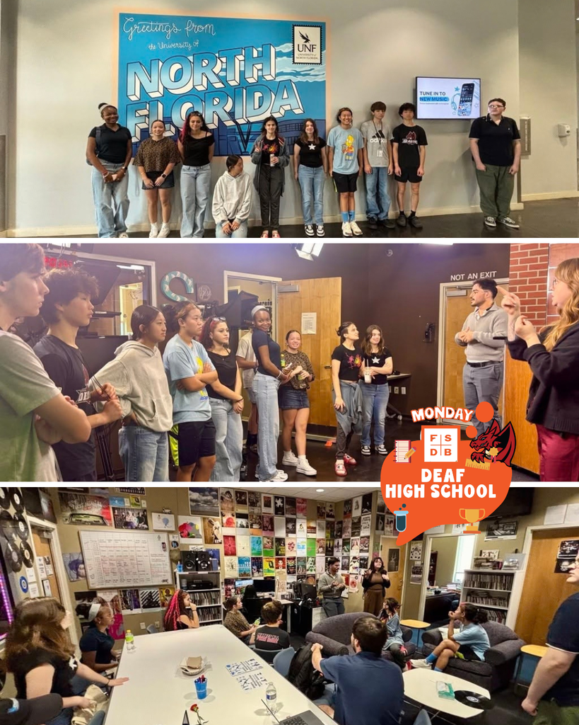 Three photo collage of Deaf High School Journalism students touring UNF Spinnaker Media.