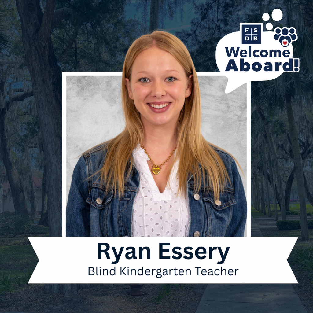 Ryan is wearing a white dress with jean jacket smiling for her photo with a silver backdrop and navy blue background. Below her photo is a white graphic with black text that says "Ryan Essery, Blind Kindergarten Teacher"