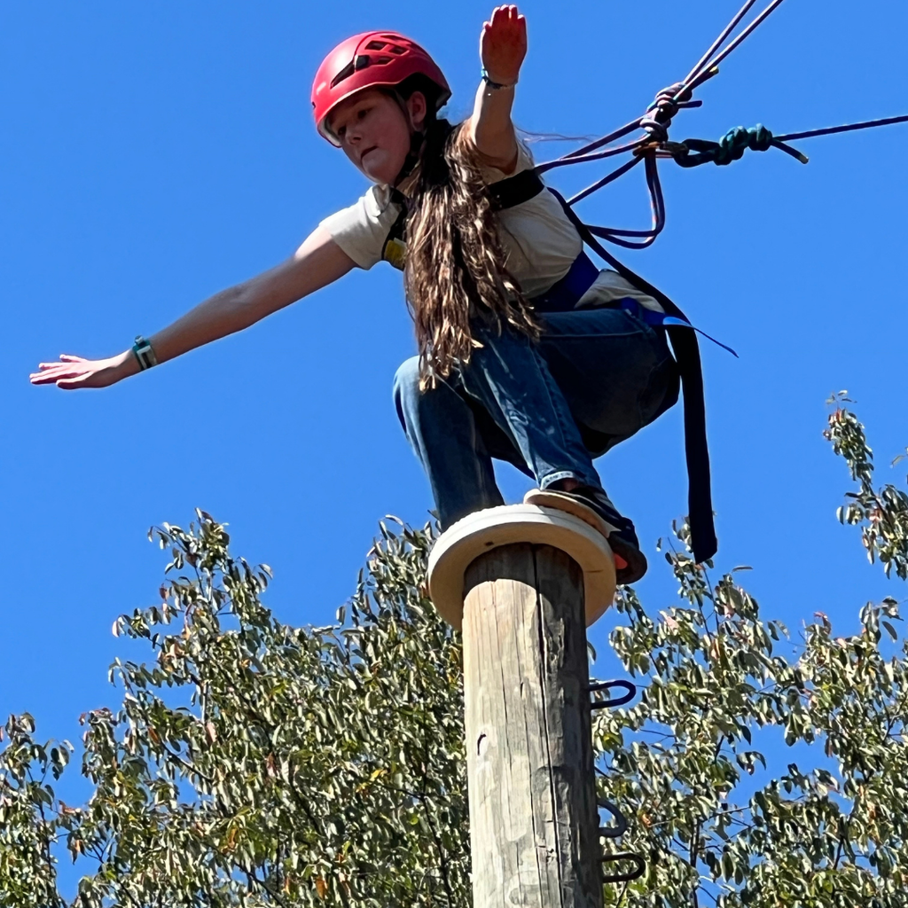 A student in a harness stand on a wooden pole in the sky.
