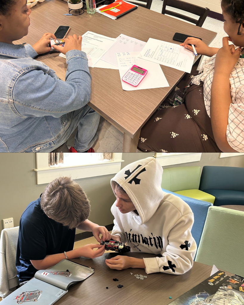 Top photo is girls high school students working on budgeting and bottom photo is high school boys building lego together.