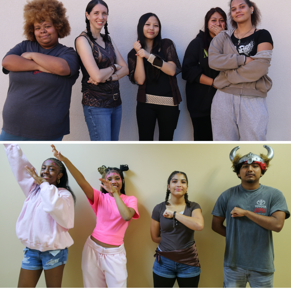 Two photo collage of students dressed like vikings pose for a photo.