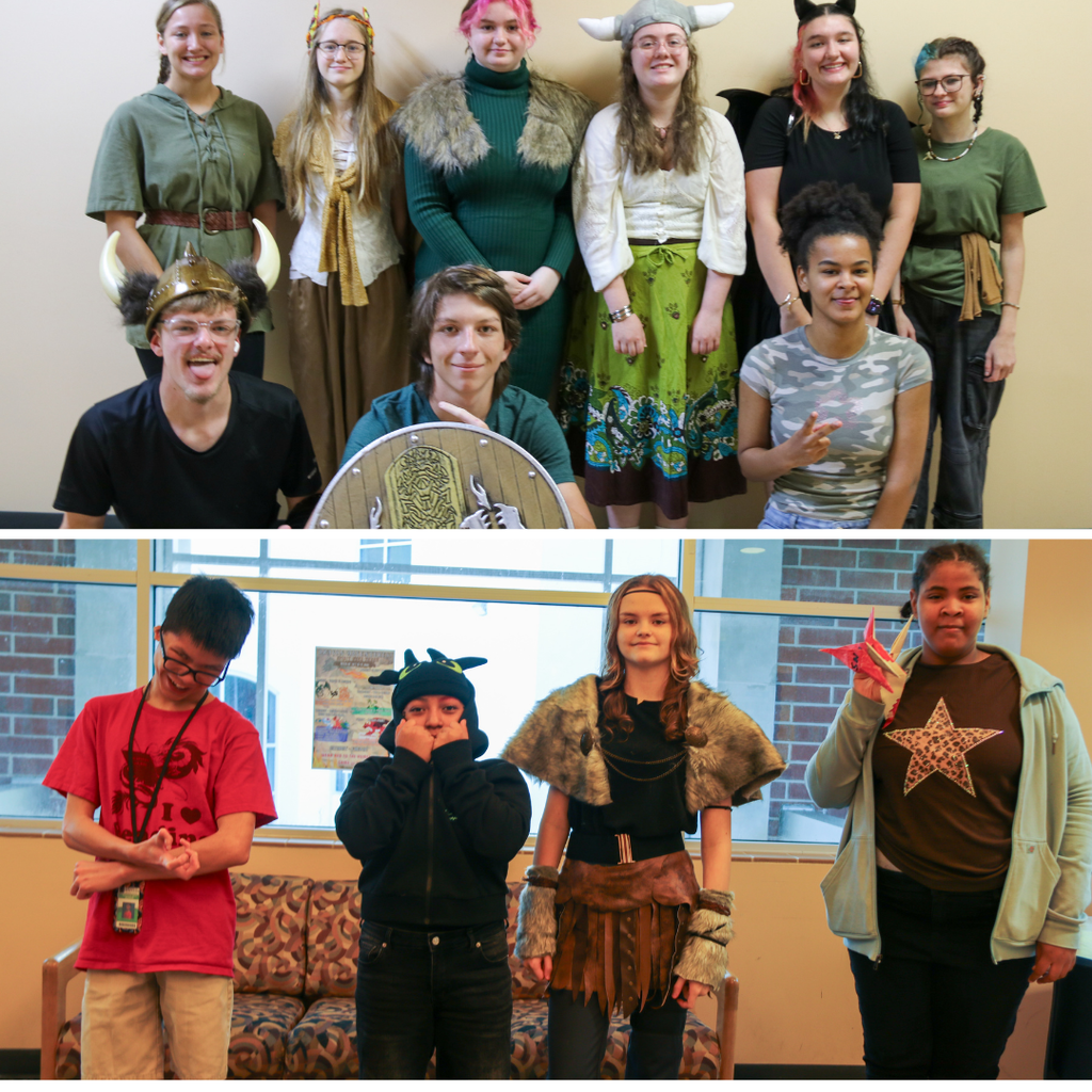 Two photo collage of students dressed like vikings pose for a photo.