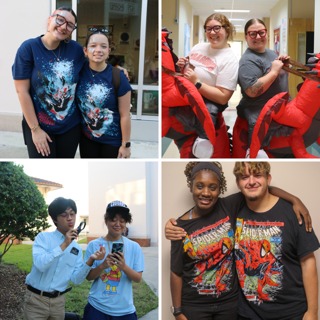 Four photo college of students and staff matching with their twins. 