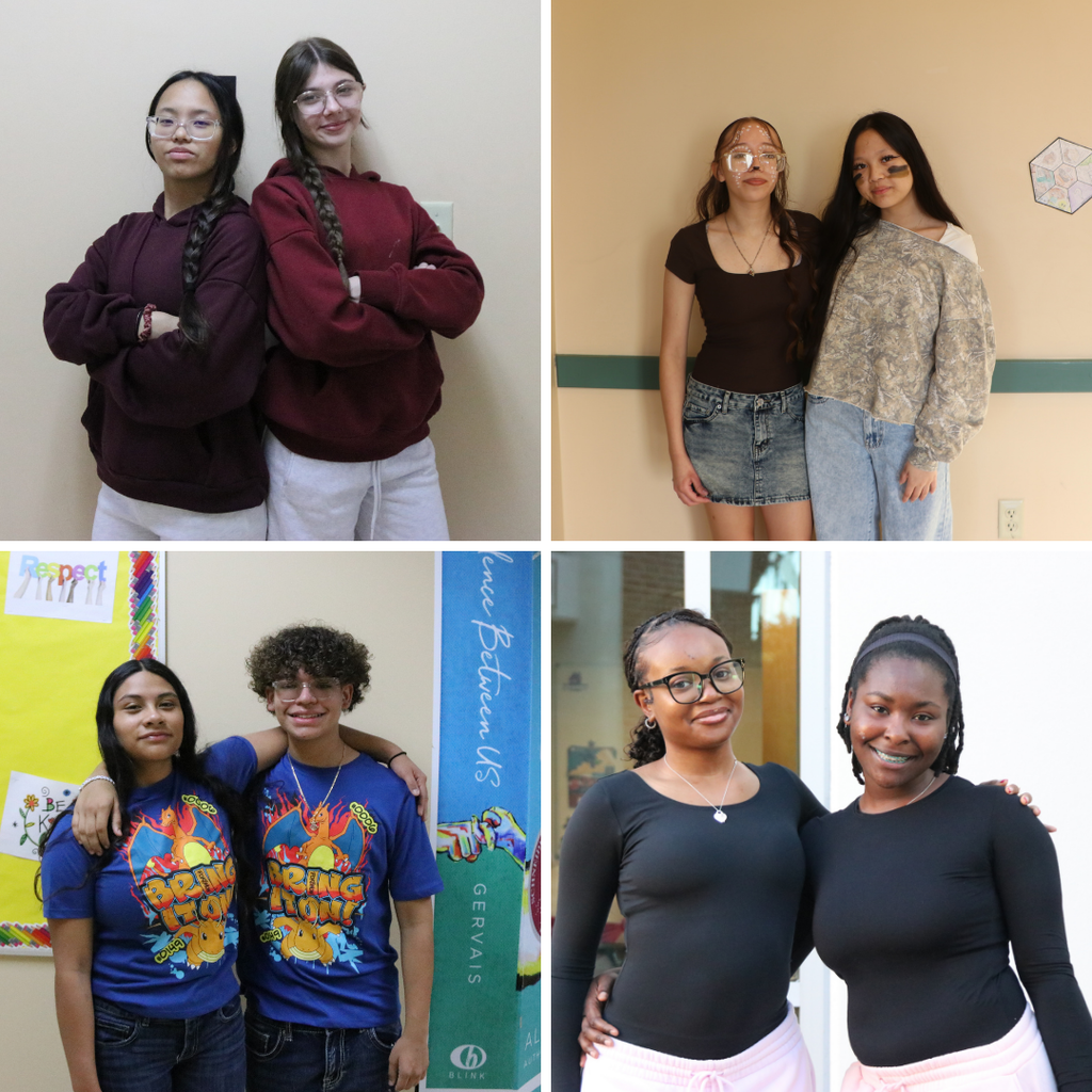 Four photo college of students matching with their twin. 