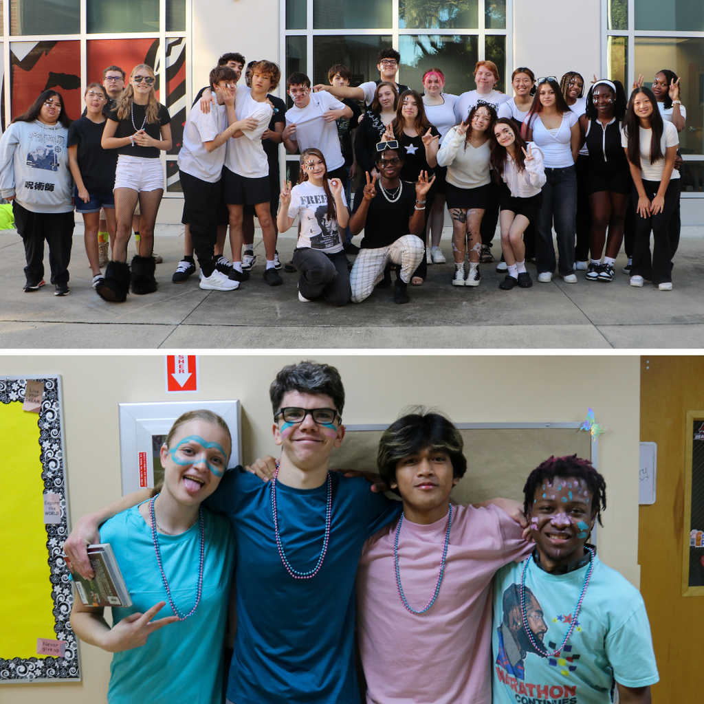 Top photo is students dressed in white and black, and bottom photo is students dressed in teal and pink.