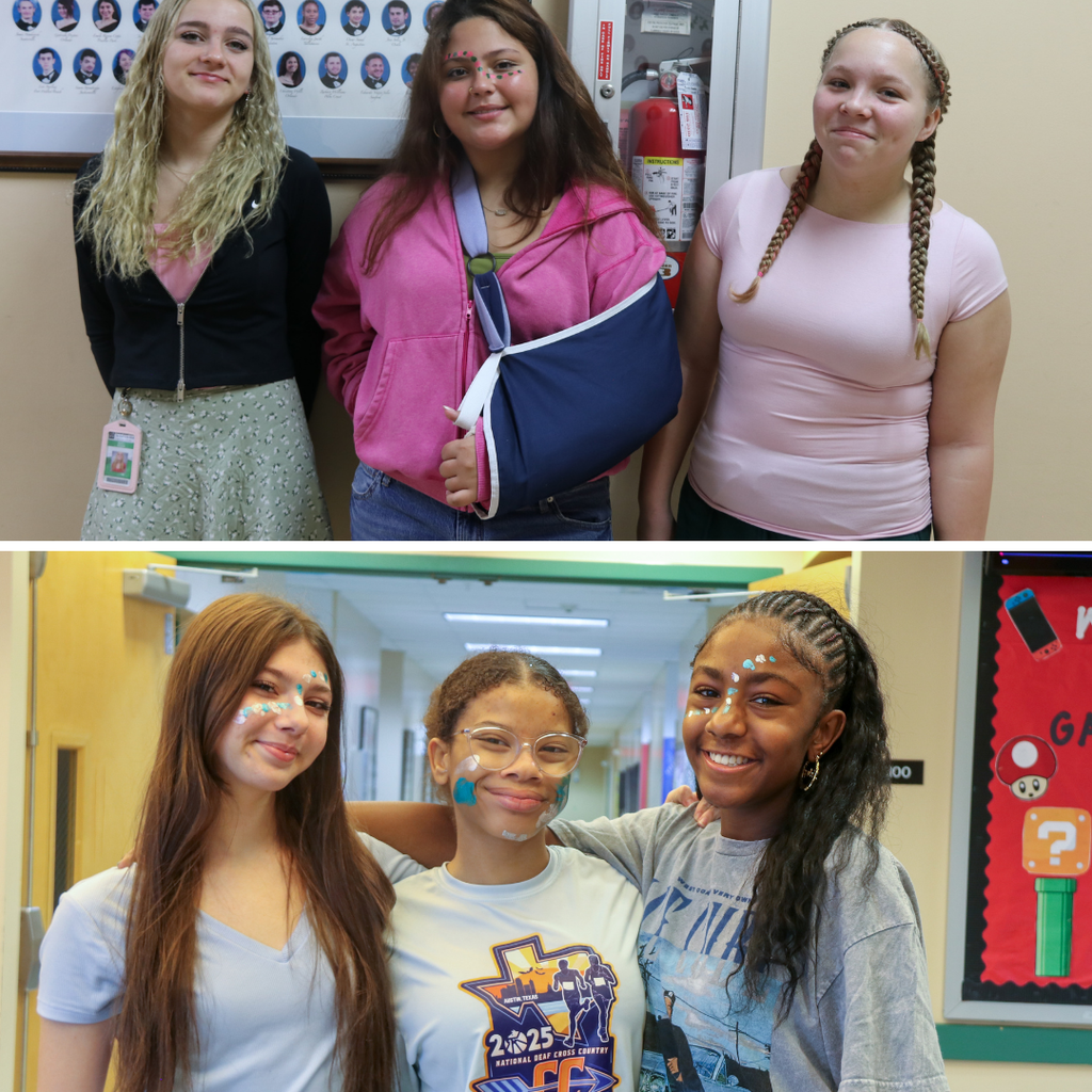 Top photo is three students dressed in pink and green. Bottom photo is students dressed in blue and gray.