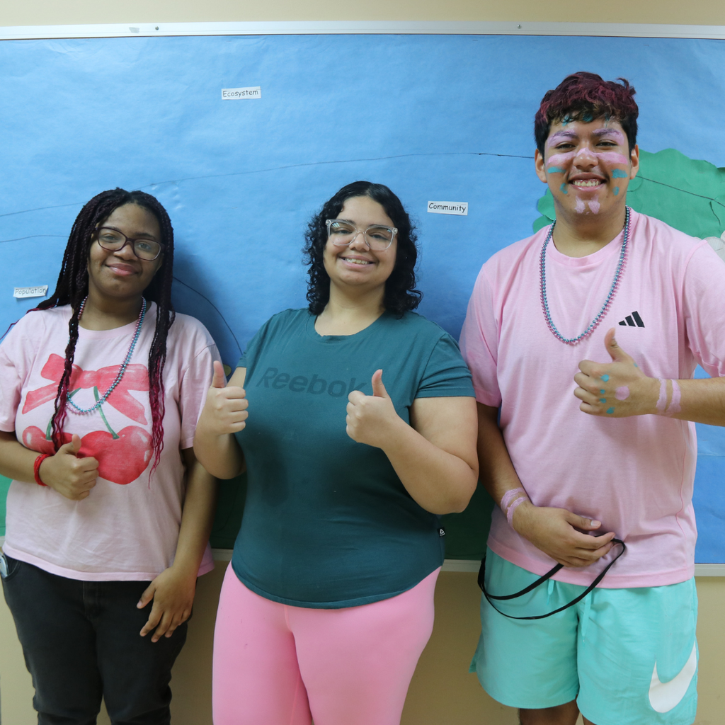 Three students dressed in teal and pink.