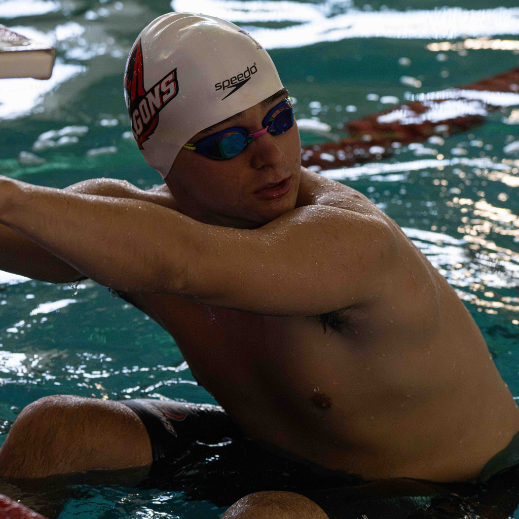 FSDB swimmer gets ready to start his race in the water. 