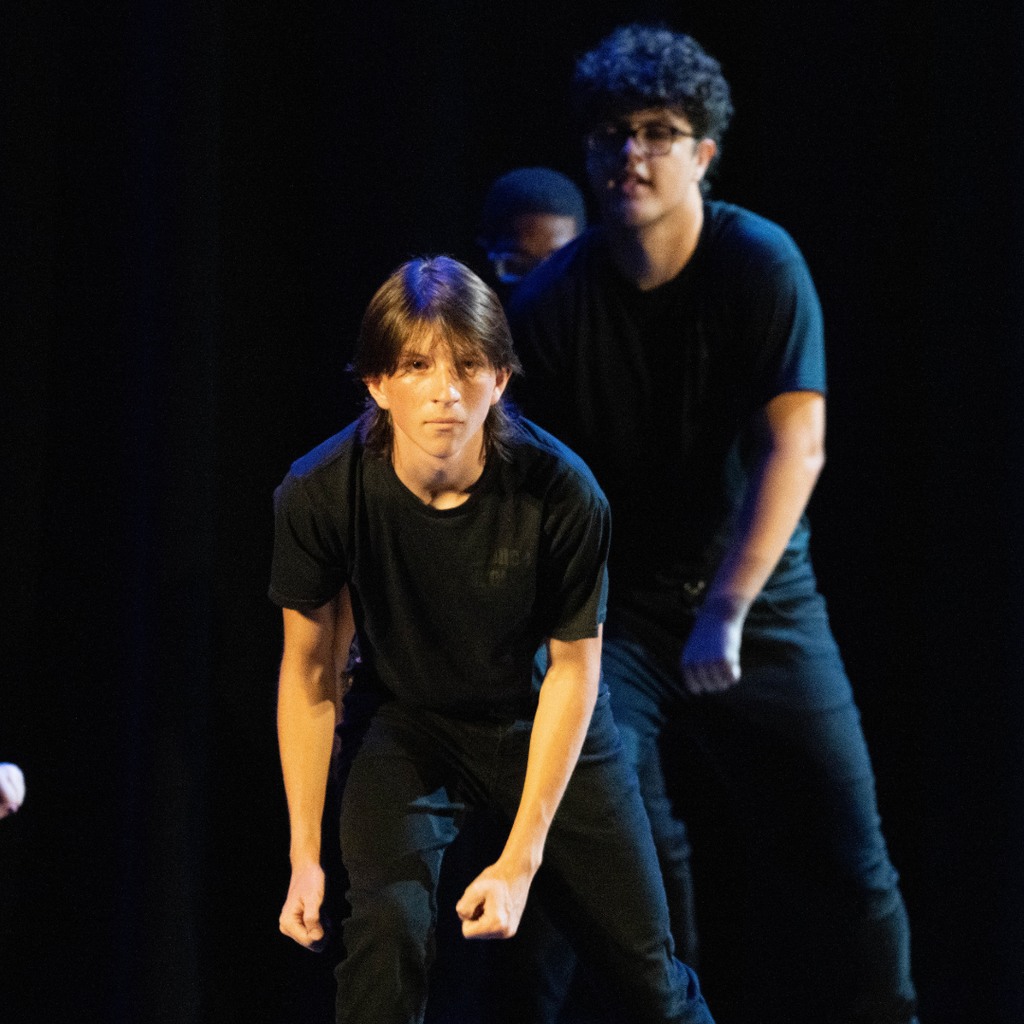 Dance troupe performer dances on stage. 