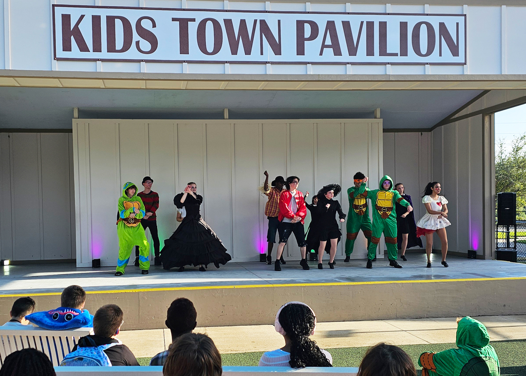 Distance photo of Dance Troupe performing at Kids Town. 