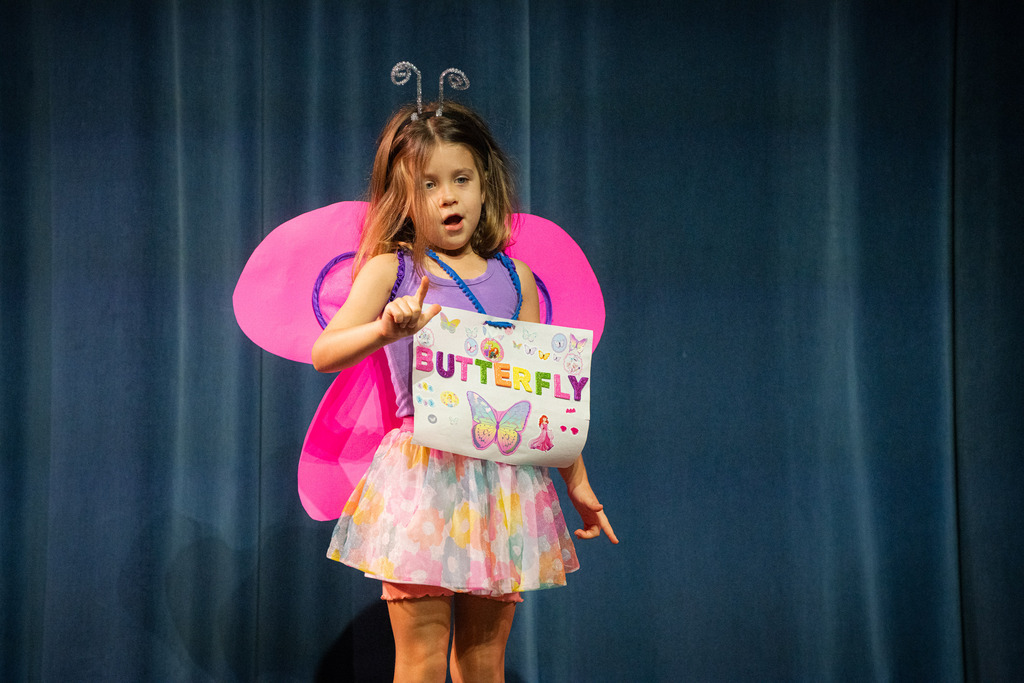 A girl dressed like a butterfly.