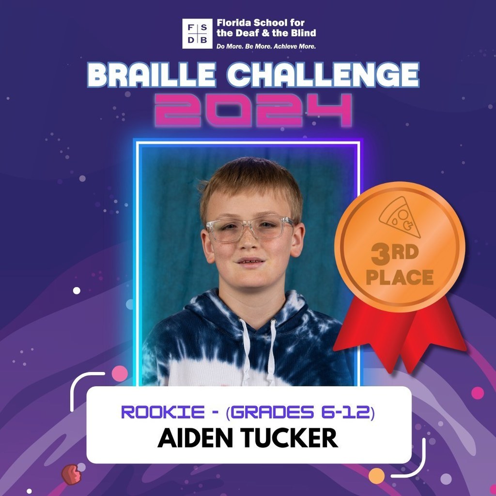 Purple Galaxy graphic with a photo of Aiden Tucker in the middle. On the right side of the photo is a medal with "3rd Place" written on it. Above the graphic says "Braille Challenge 2024" and the bottom says "Aiden Tucker, Rookie (Grades 6-12) "]