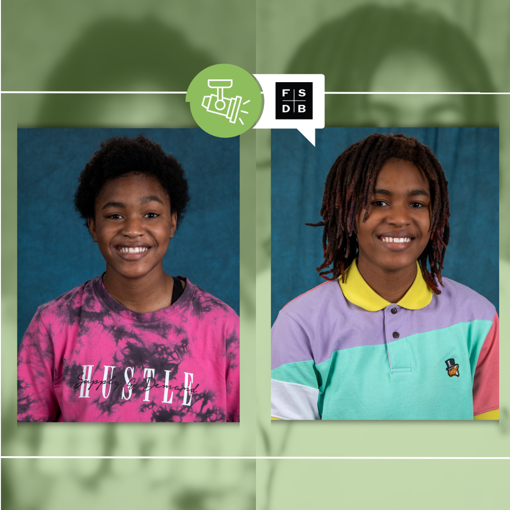 Green graphic with two photos of Markeil, left side when she first started here and right side of her currently.