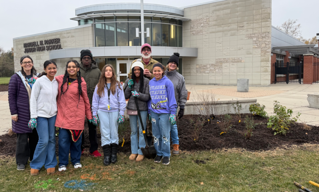 kids in front of new garden