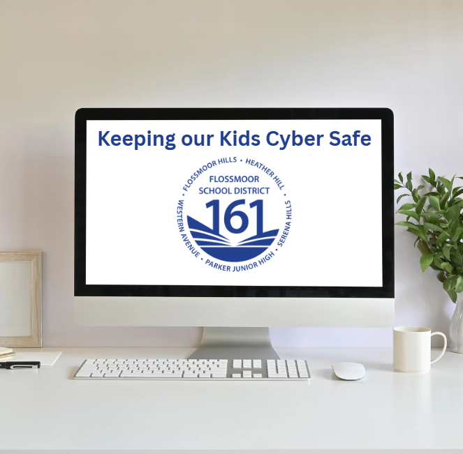 Keeping our kids cyber safe. Image shows a computer desktop with Keeping our kids cyber safe. displayed along with the SD 161 logo.