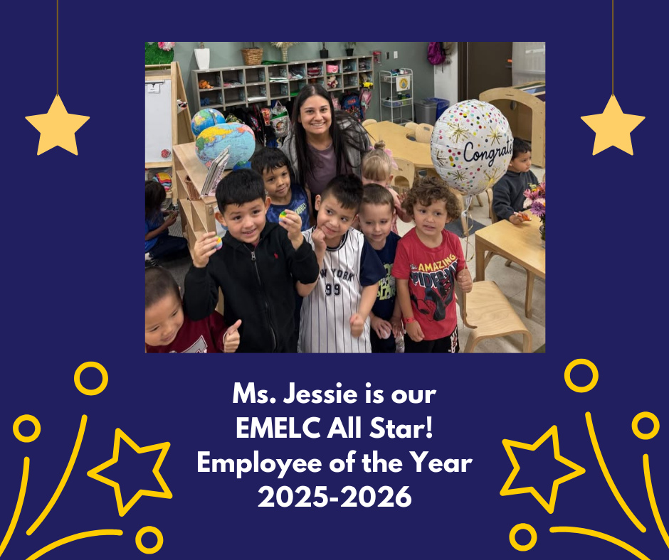 Teaching Assistant, Jessie Bailey, with a group of preschool students with one holding a congrats balloon.