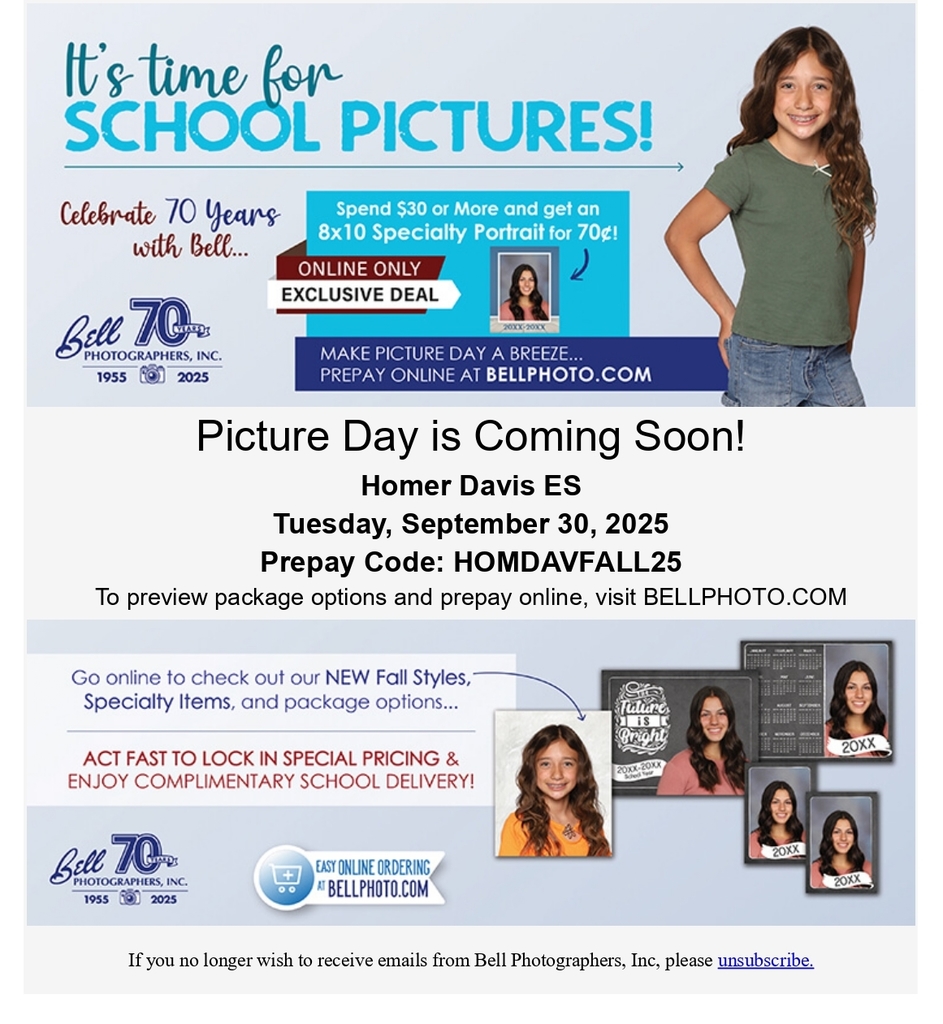 Flyer with headline “It’s time for school pictures!” from Bell Photographers. Picture Day at Homer Davis ES is Tuesday, September 30, 2025.