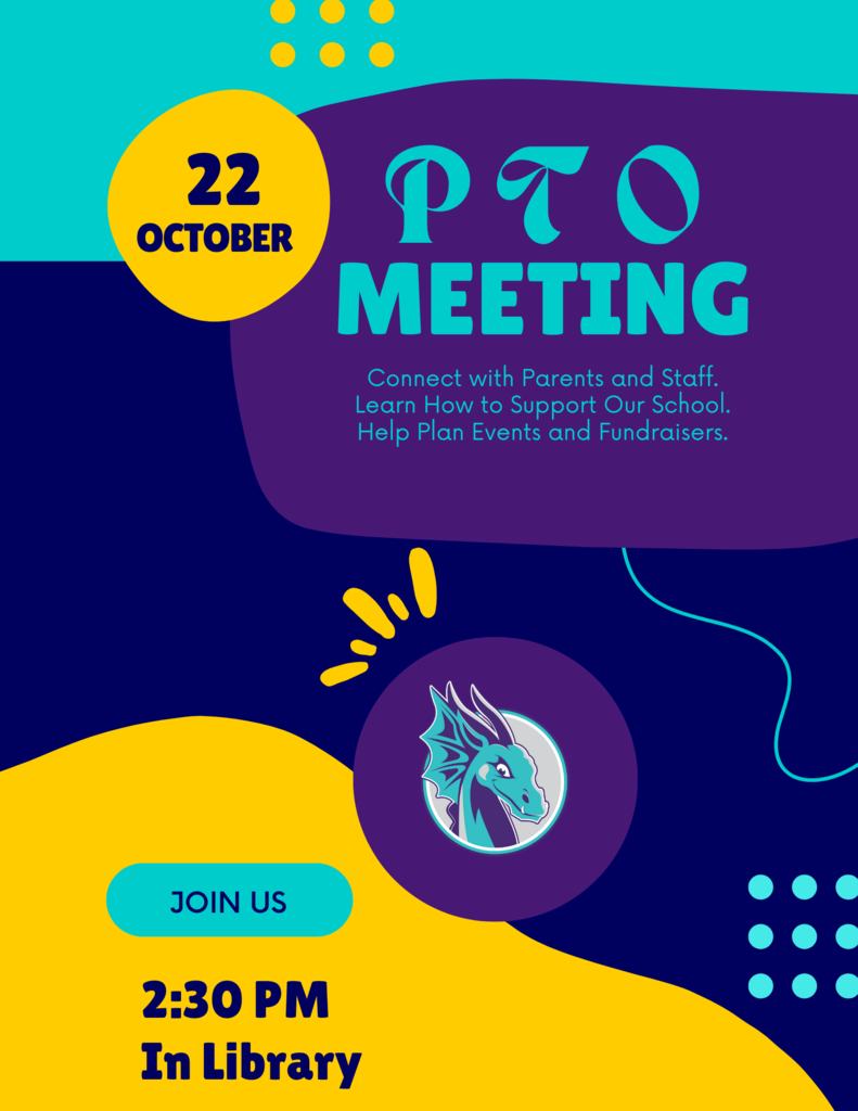 Colorful flyer for a PTO meeting on October 22 at 2:30 PM in the school library, encouraging parents and staff to connect and plan events.