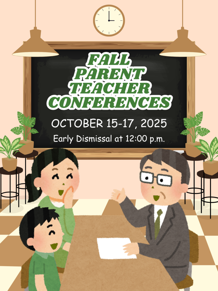 Announcement for Parent-Teacher Conferences taking place October 15–17, encouraging parents to meet with teachers and discuss student progress.
